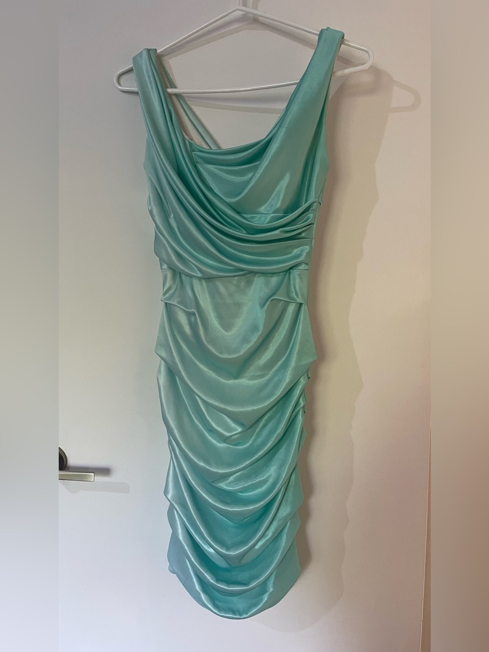 Vintage 2010 Le Chateau Mint Green Satin Draped Midi Dress XXS
